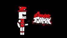 a cartoon character is standing next to a graffiti logo for a video game called fnf .