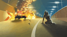 a cartoon of a woman kneeling in front of a car on fire