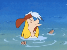 a cartoon character is swimming in the ocean with a hat on