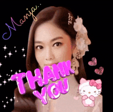 a woman with a flower in her hair is surrounded by hearts and the words thank you