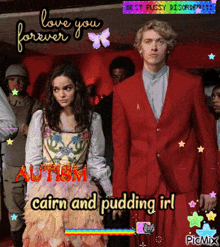 a man in a red suit and a woman in a pink dress are standing next to each other with the caption love you forever