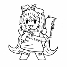 a black and white drawing of a girl wearing a t-shirt that says " neutered "