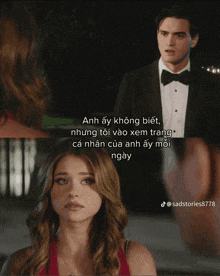 a man in a tuxedo and a woman in a red dress