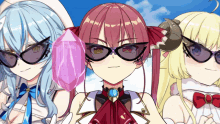 a group of anime girls wearing sunglasses and holding a pink crystal