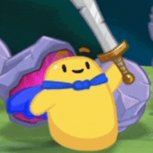 a yellow cartoon character is holding a sword in his right hand .