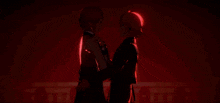 two anime characters standing next to each other in front of a red background