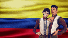 a couple of men standing in front of a colombian flag