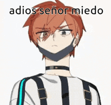 a cartoon of a boy wearing suspenders and a choker with the words adios señor miedo written on it .