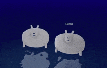 a blue background with two white circles with faces and the word lumin on it