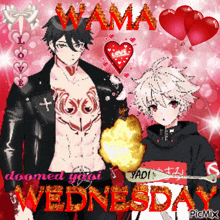 a couple of anime characters standing next to each other with the words wednesday in red letters