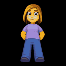 a cartoon character wearing a purple shirt and blue jeans is standing with her hands on her hips