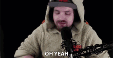 a man with a beard is sitting in front of a microphone wearing a teddy bear hoodie .