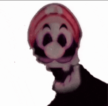 a close up of a person wearing a mario hat
