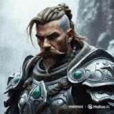 a man with a beard and a braided haircut is wearing armor and has the letters minimx on the bottom