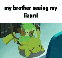 a cartoon of a lizard with the words " my brother seeing my lizard "
