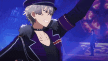 a man in a purple jacket and hat is dancing with his arm in the air .