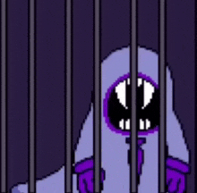 a purple ghost is behind bars in a prison cell .