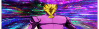 a cartoon character in a purple suit is standing in front of a purple background .