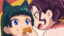 a cartoon drawing of a girl with a cat ear and a boy with a mustache