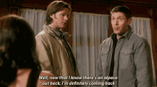 two men standing next to each other with one saying well now that i know there 's an alpaca