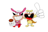 two cartoon characters are giving a thumbs up and one is holding a jar of peanut butter .