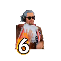 a man wearing sunglasses and a wig is sitting in a chair with the number 67 in front of him