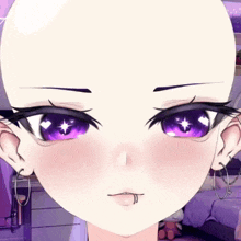 a close up of a girl 's face with purple eyes and hoop earrings