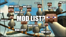 a bunch of pigeons are sitting on a wire with the words mod list written in the middle