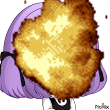 a pixel art of a girl with purple hair and a large explosion behind her