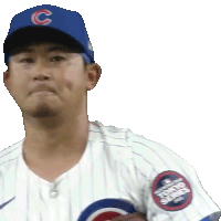 a baseball player wearing a blue hat with the letter c