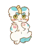 a cartoon drawing of a white unicorn with blue spots on its head and tail .