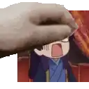 a hand is holding a picture of a cartoon character with a surprised look on his face .