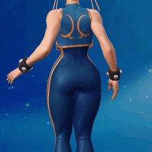 a woman in a blue and gold outfit has the number 20 on her back