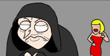 a cartoon of a woman in a red dress and a man in a black hood