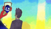 a cartoon drawing of a man and a robot with headphones