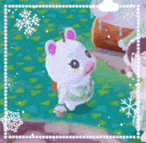 a white bear with pink ears is standing next to a woman in a video game .