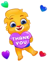 a cartoon teddy bear holding a purple heart that says thank you