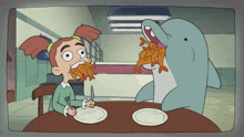 a cartoon of a girl eating fish with a dolphin in the background