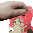 a hand is petting a cartoon character 's head with a red haired girl .