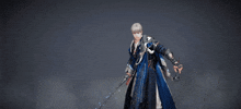 a person in a blue outfit is holding a light beam