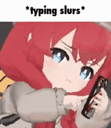 a girl with red hair and blue eyes is holding a gun and a sword .