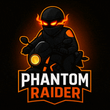 a phantom raider mascot is riding a motorcycle with flames coming out of his eyes