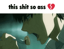 a man is eating a piece of meat with a fork and the words this shit so ass above him