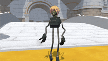 a cartoon character standing on a brick walkway with a castle in the background