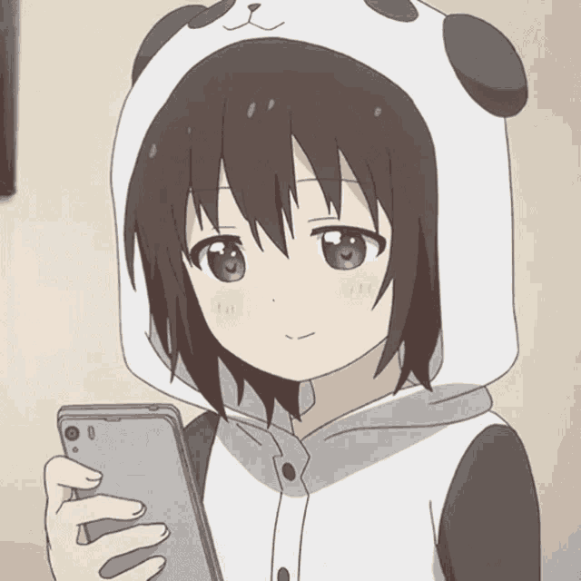 cute anime girl looking on her phone at night in her...