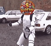 a storm trooper has a sign on his head that says slotto