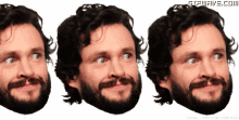 three faces of a man with a beard and mustache are displayed on a white background
