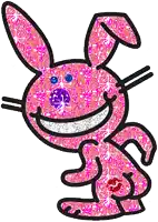 a pink bunny rabbit with a kiss on its butt is smiling and standing .