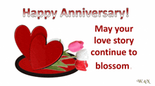 a happy anniversary card with hearts and flowers