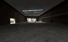 a person in a video game is walking through a large room